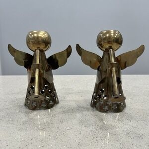 Vintage Brass Angel Playing Horn - Taper Candle Holder - Set Of 2